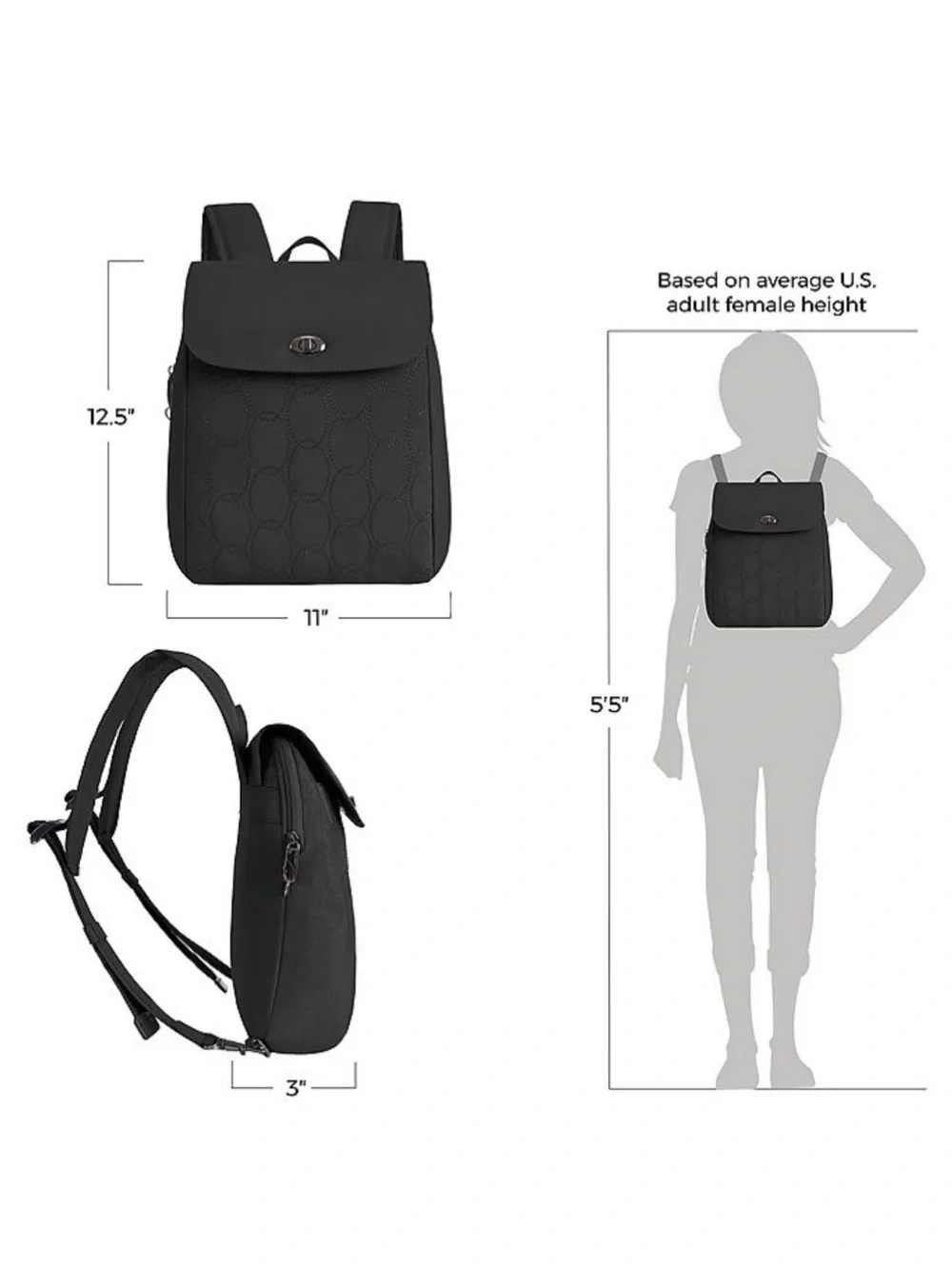 Travelon Anti-Theft Black Quilted Women's Backpack with Turn-Lock Flap